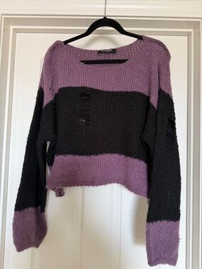 Disturbia Distressed Striped Purple and Black Women's Knit Sweater